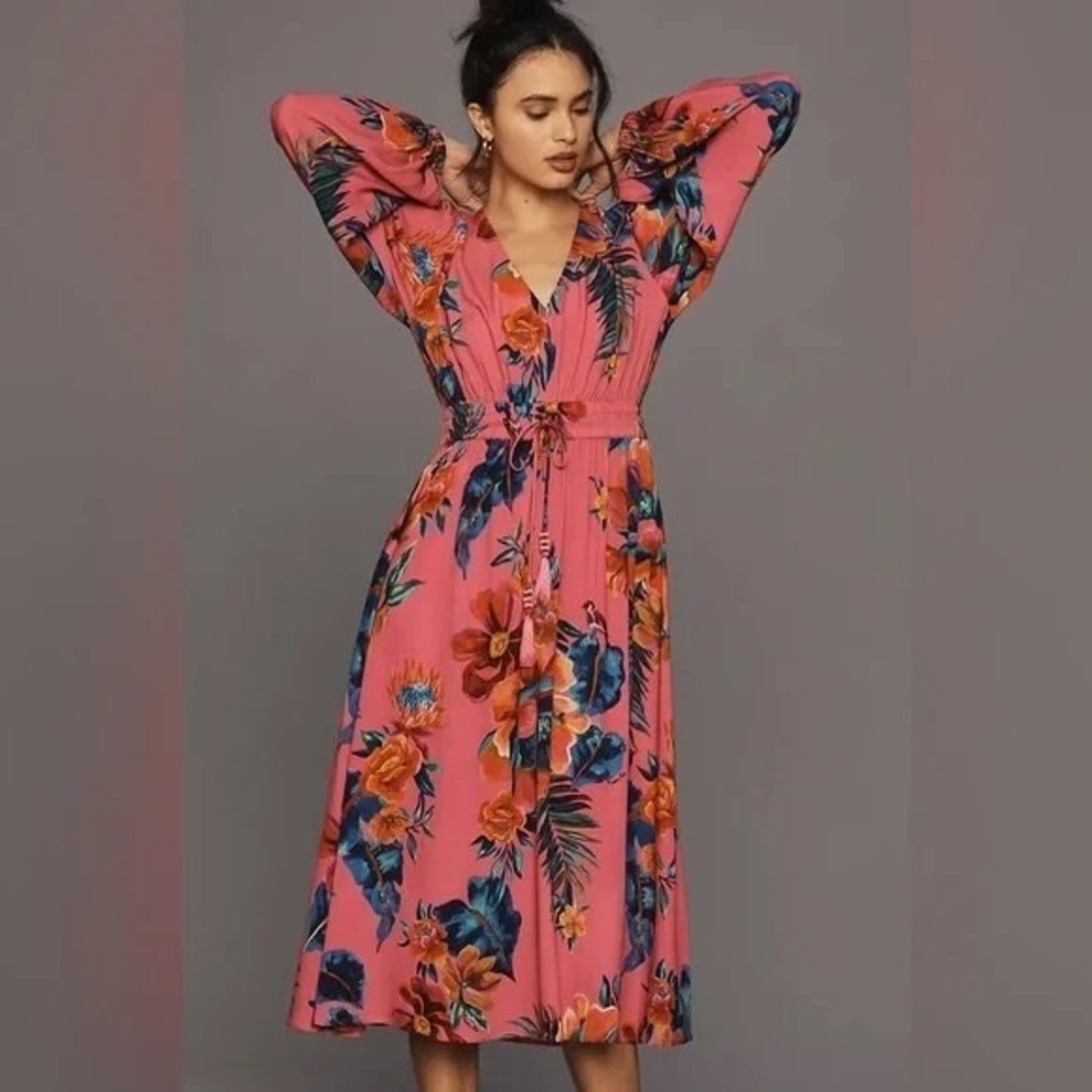 Farm Rio V-Neck Long Sleeve Floral Midi Dress Boho Tropical Pink Sz L B39 - Picture 1 of 15